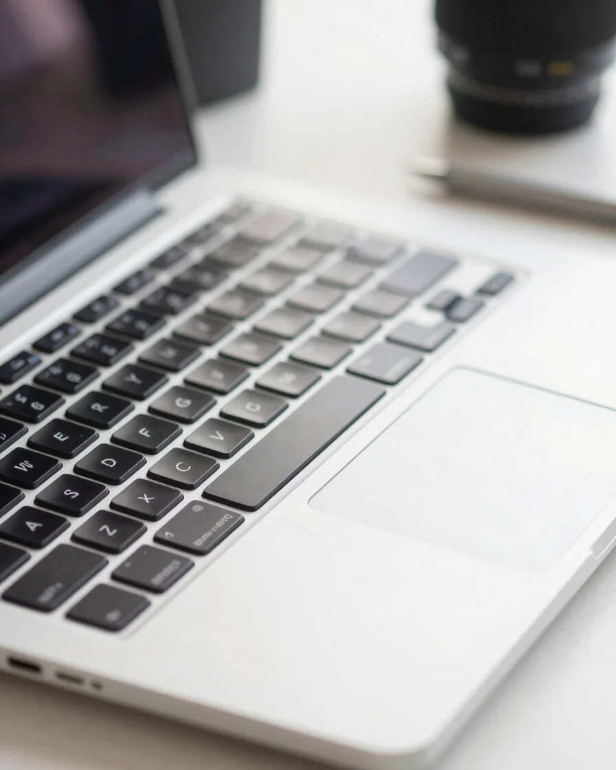 Close-up studio shot of a laptop keyboard and trackpad, focused o