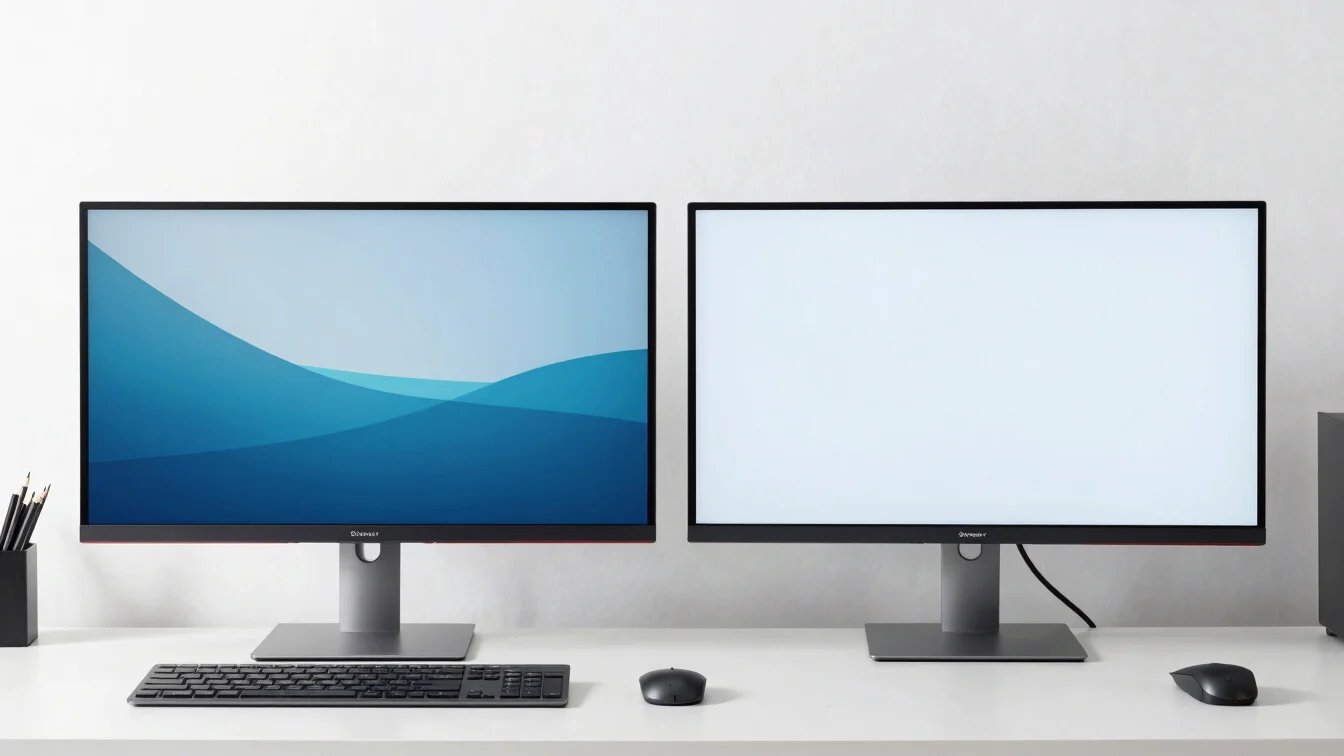 Side-by-side product shot of two modern computer monitors, crisp detail, bright studio light, clean editorial product ph