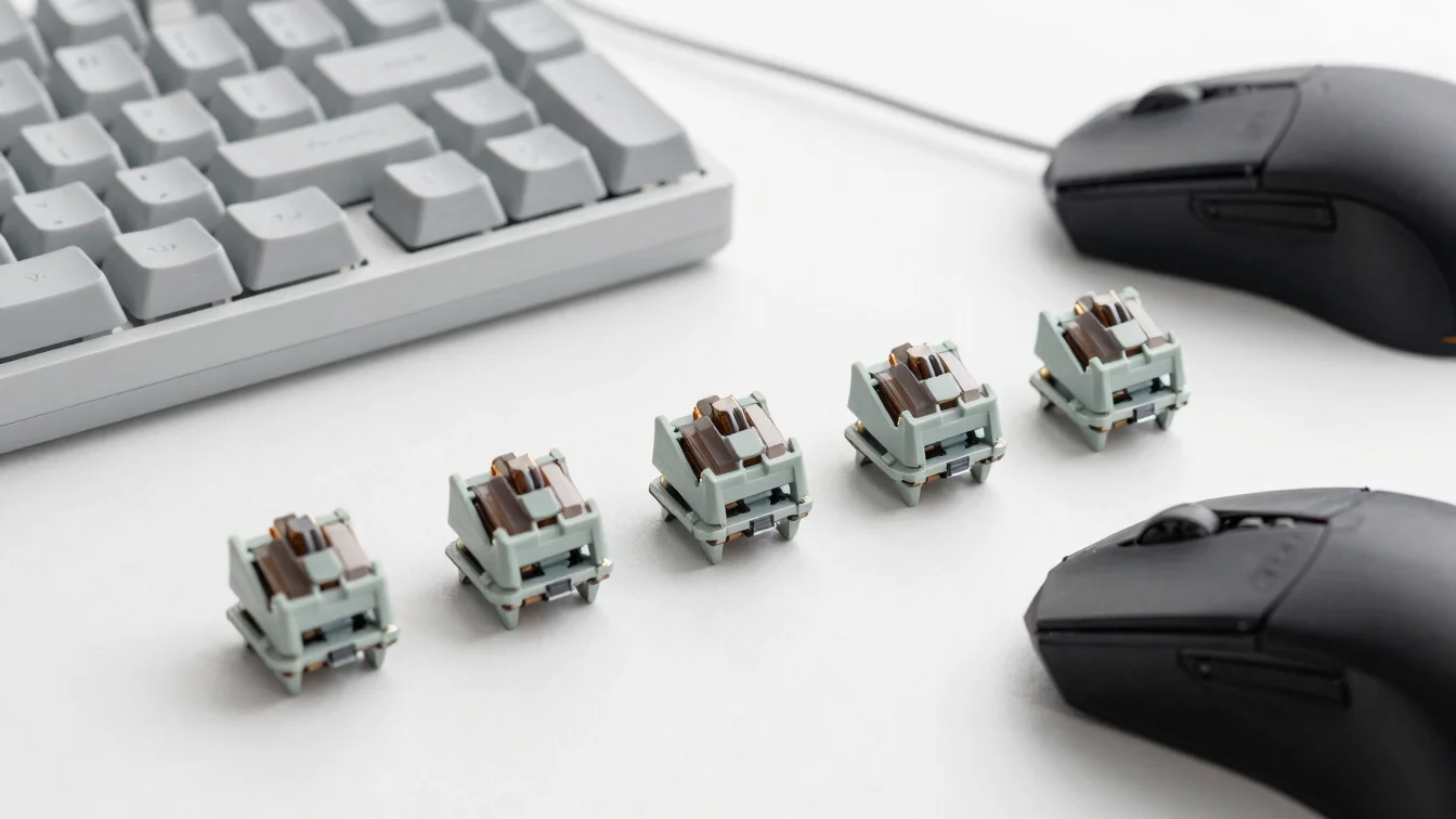 Macro photo of a mechanical keyboard switch and a gaming mouse, structured detail, bright studio light, clean editorial
