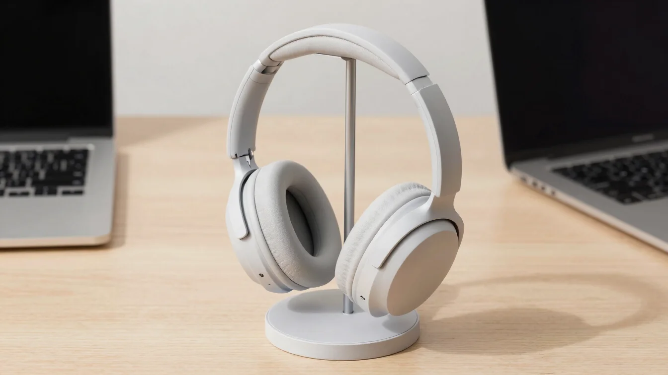 Close-up of premium wireless headphones on a charging stand, crisp detail, bright studio light, clean editorial product
