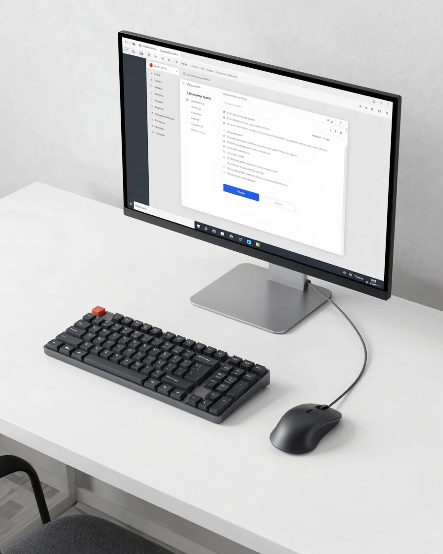 Overhead shot of a minimalist desk setup with a high-resolution monitor displaying a clean software interface, a mechani